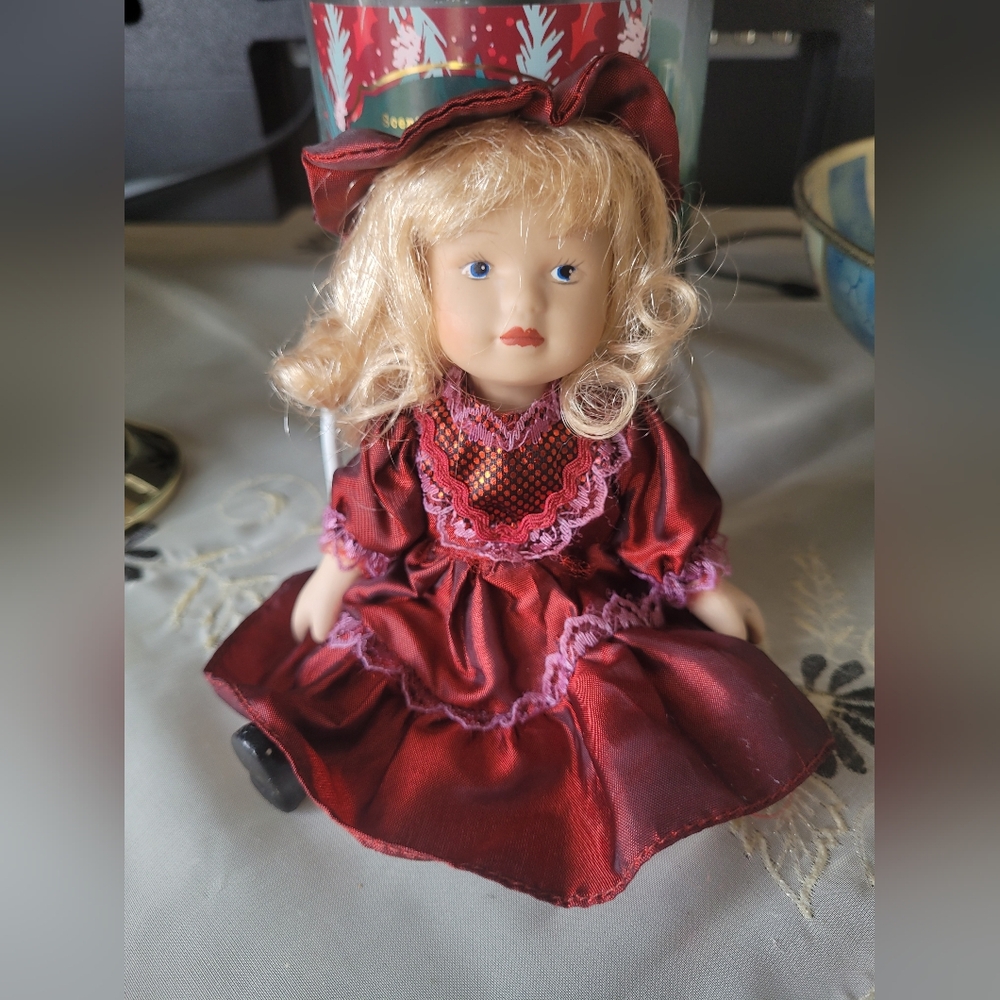 Vintage 1980s Porcelain Collectible Doll In Burgundy Dress Blonde Girl Doll